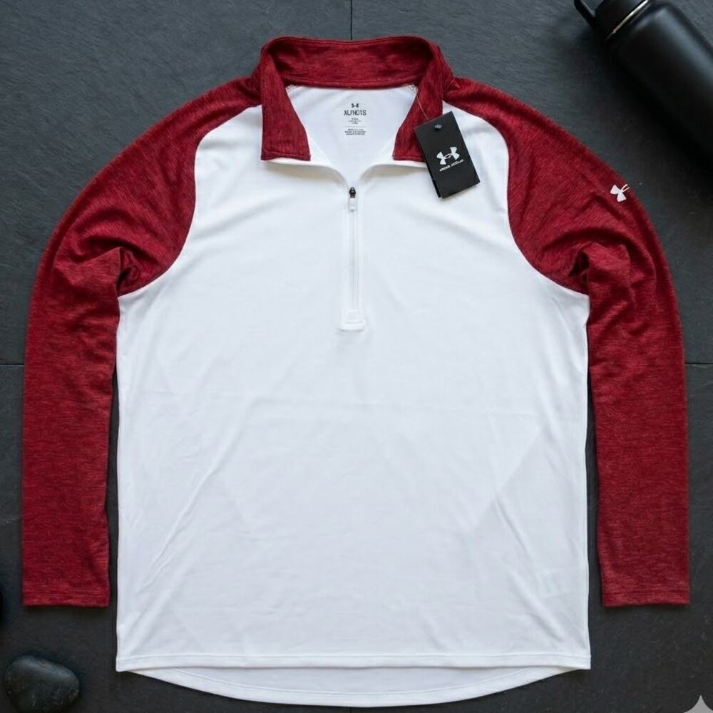 Under Armour Tech 1/4 Zip Pullover Mens XL White Red Long Sleeve Shirt NWT